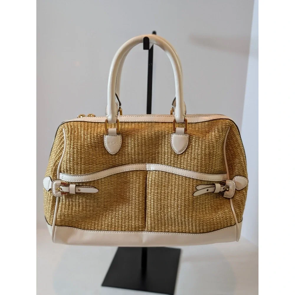 Lauren Ralph Lauren Straw Woven Satchel Bag White Leather Trim Gold Hardware